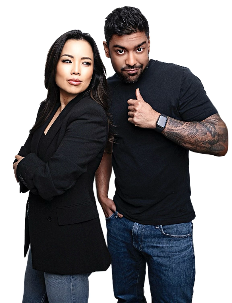 Podcast hosts standing together